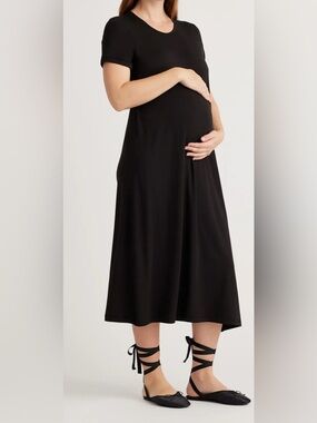 Quince comfy bamboo Black Maternity Nursing Midi shirt dress